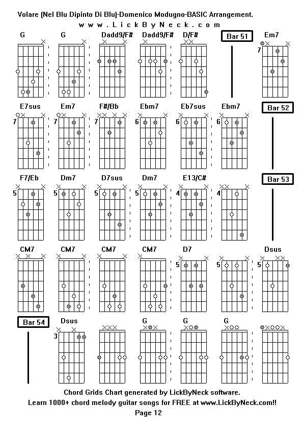 Chord Grids Chart of chord melody fingerstyle guitar song-Volare (Nel Blu Dipinto Di Blu)-Domenico Modugno-BASIC Arrangement,generated by LickByNeck software.